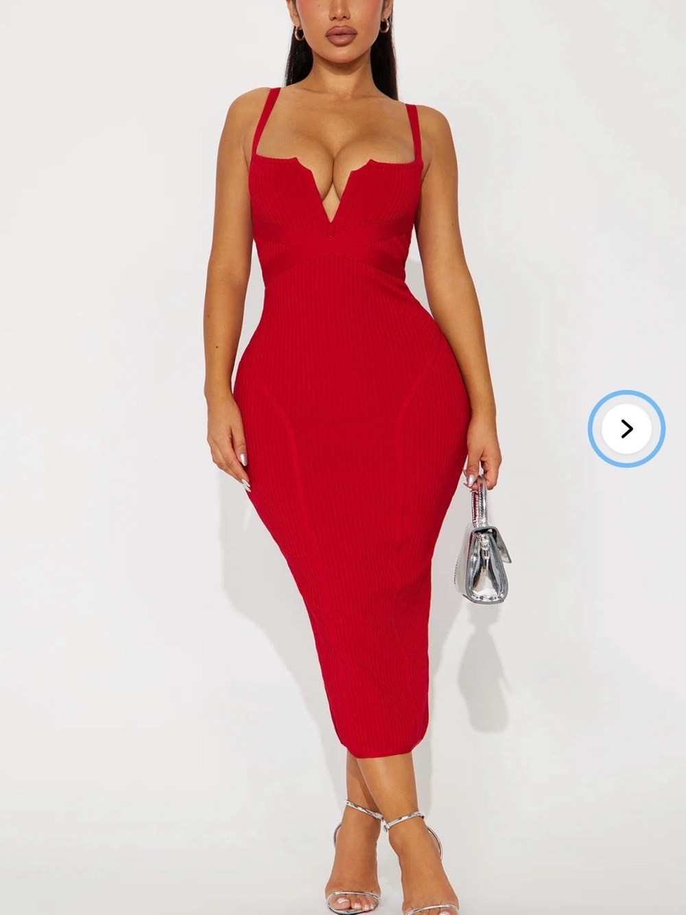 Fashion Nova Red Ribbed V-Neck Bodycon Midi Dress
